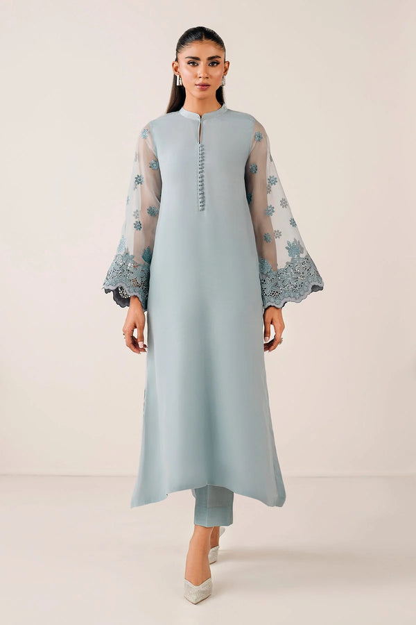 Embroidered chiffon long shirt with scalloped sleeves and straight trouser