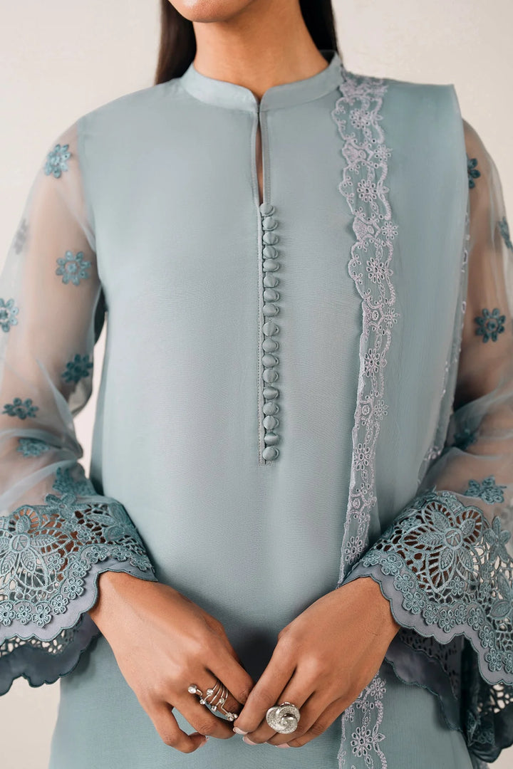 CLOSE UP Embroidered chiffon long shirt with scalloped sleeves and straight trouser