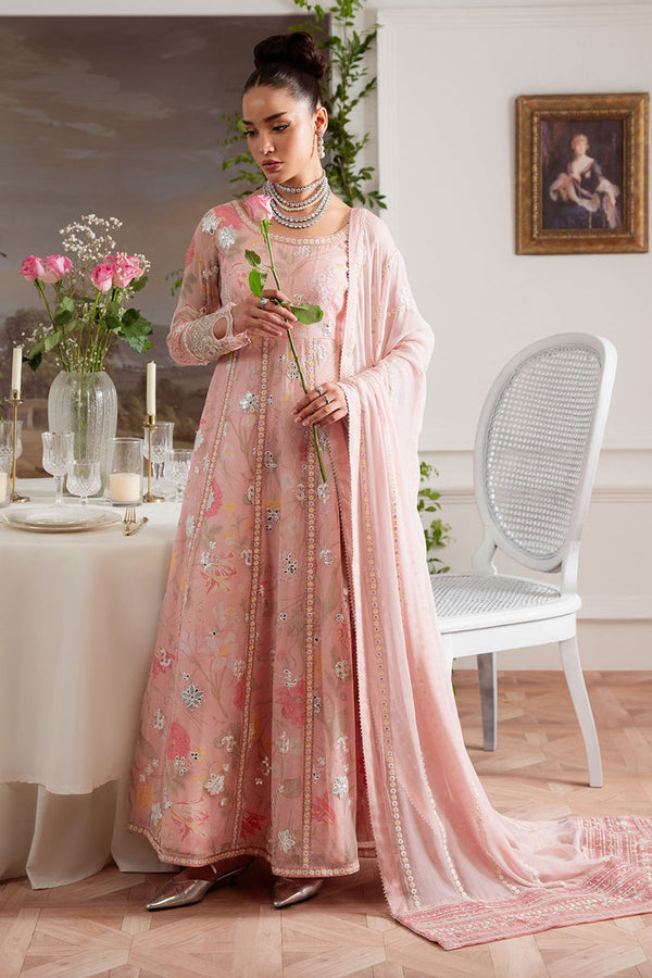 Nureh Vol 4 ready to wear embroidered chiffon suit with printed chiffon front and organza detailing