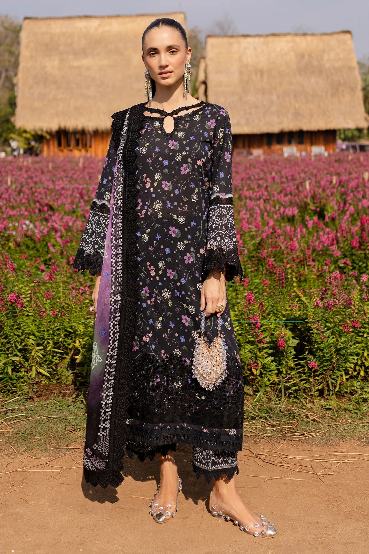 Nureh pink embroidered lawn suit with chiffon dupatta and cotton trouser