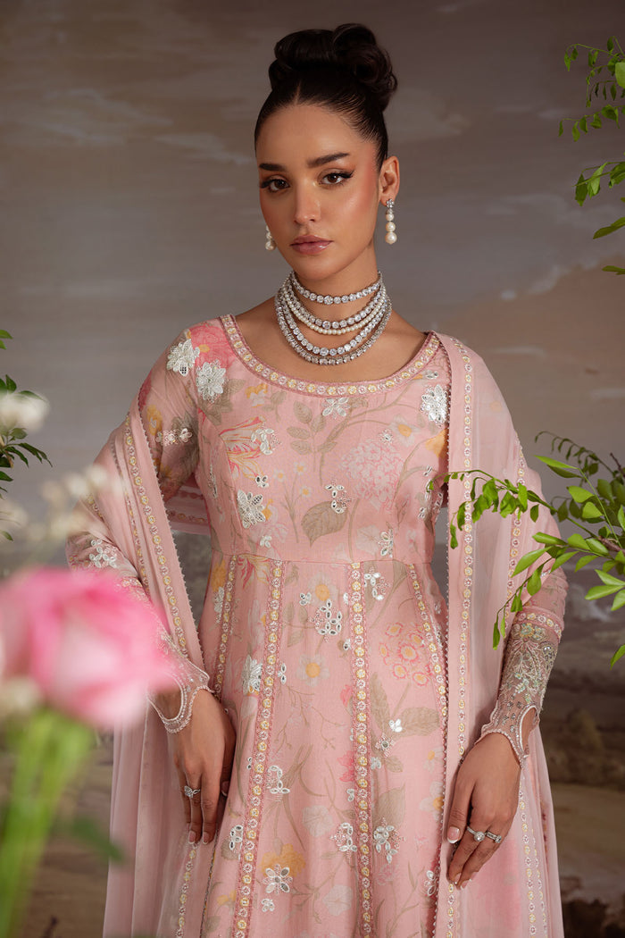 Elegant South Asian 3-piece stitched chiffon outfit from Nureh Vol 4 with embroidered dupatta and daman border