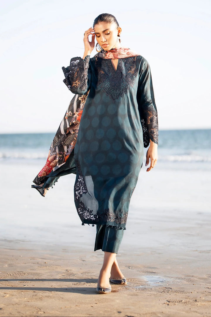 Dark embroidered lawn suit with printed silk dupatta and trouser