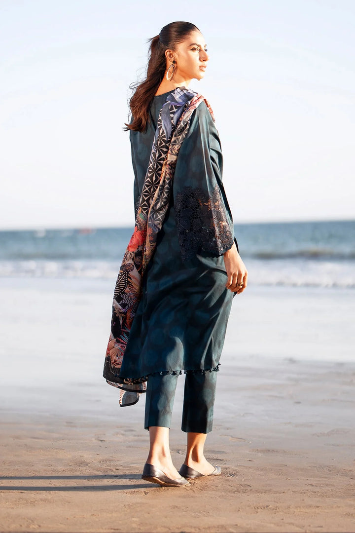 back pose Dark embroidered lawn suit with printed silk dupatta and trouser