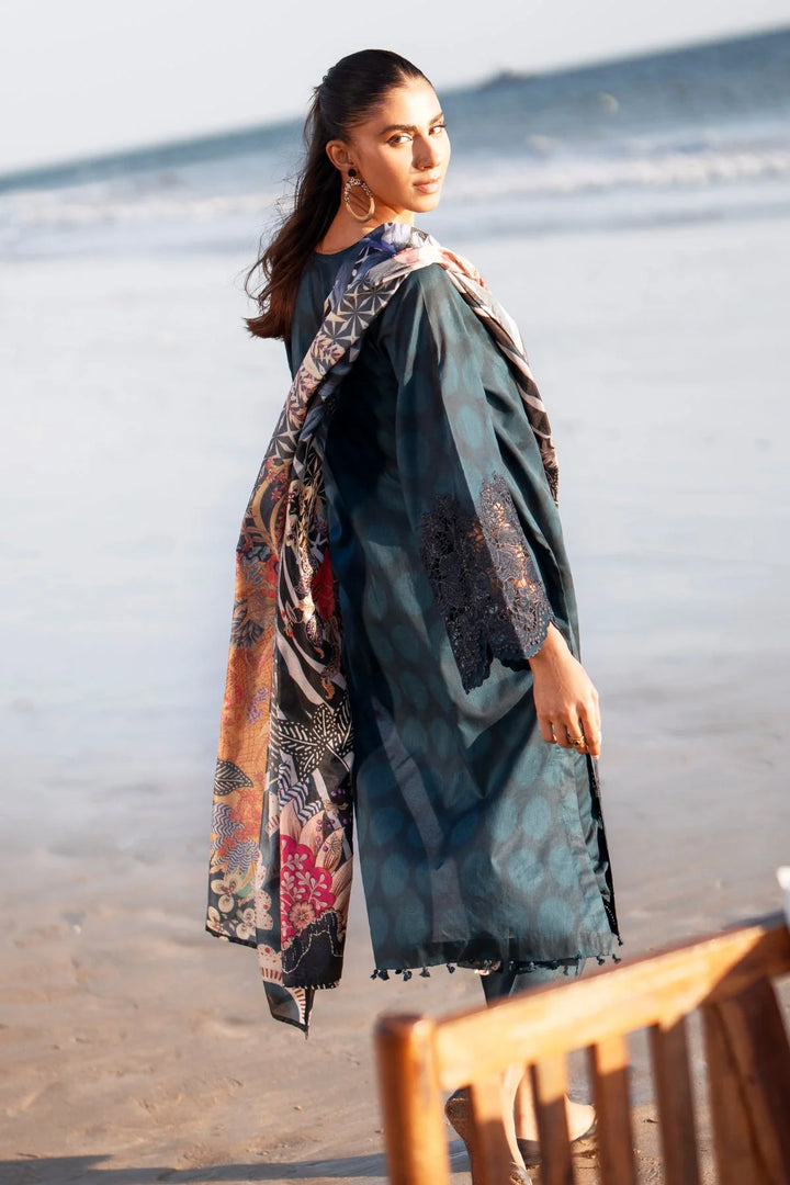 back lclose up Dark embroidered lawn suit with printed silk dupatta and trouser