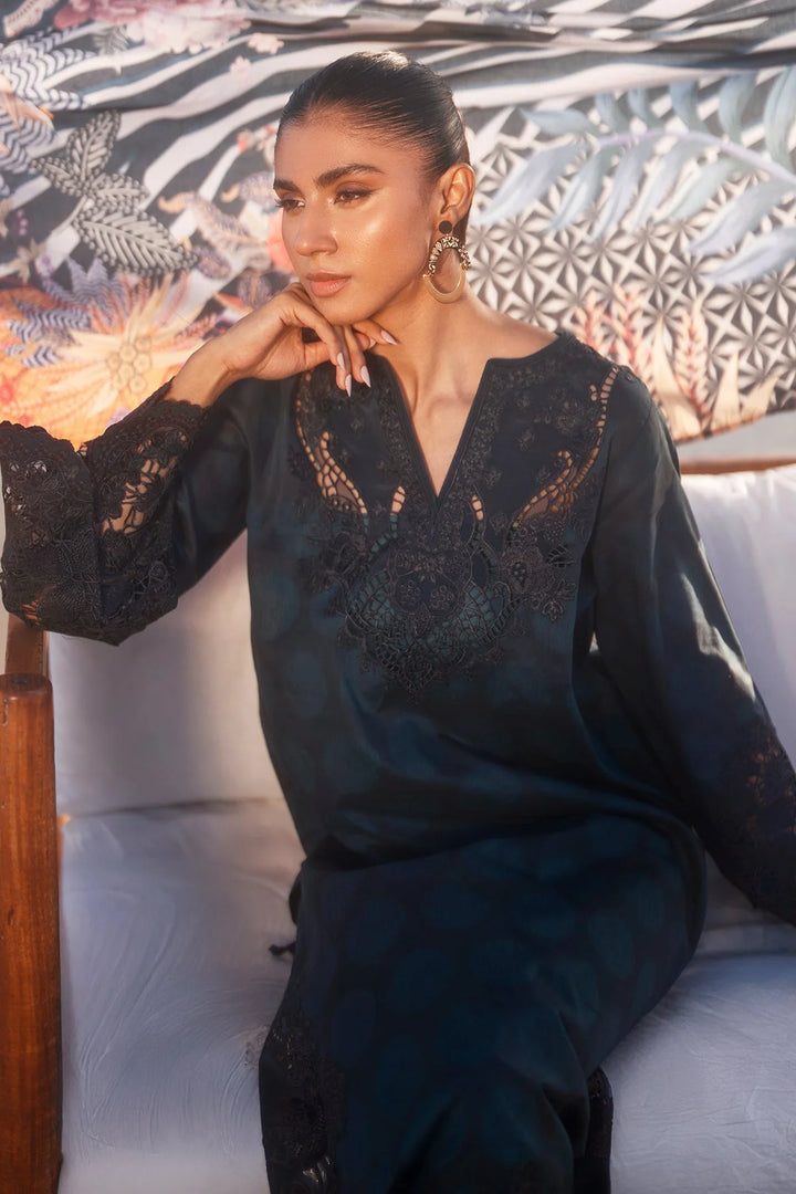 frony close up Dark embroidered lawn suit with printed silk dupatta and trouser