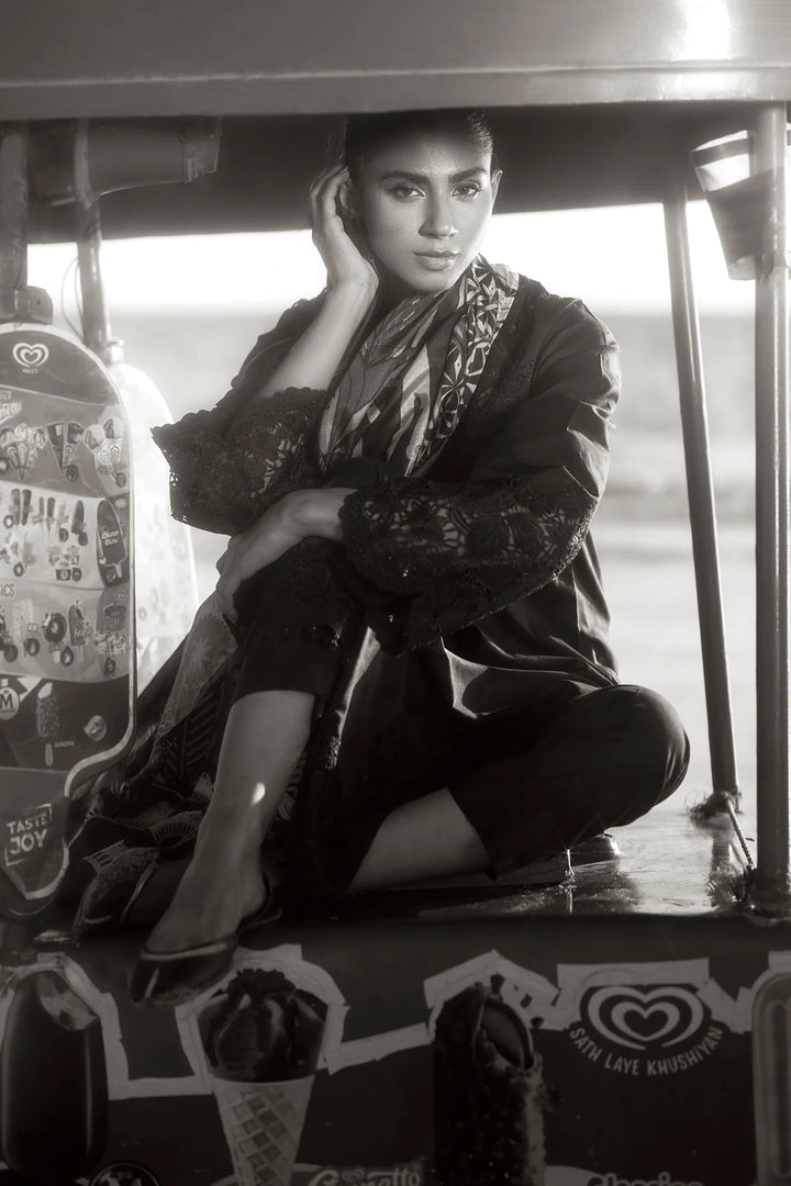 black and white Dark embroidered lawn suit with printed silk dupatta and trouser