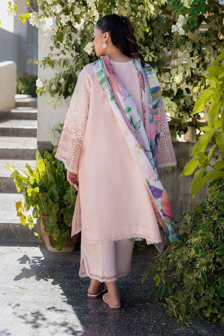 back pose Soft pink embroidered lawn suit with silk dupatta and cotton trouser