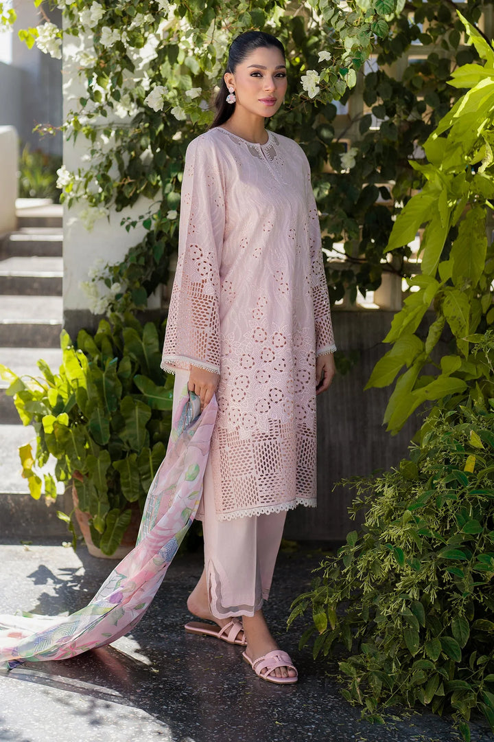 close standing Soft pink embroidered lawn suit with silk dupatta and cotton trouser