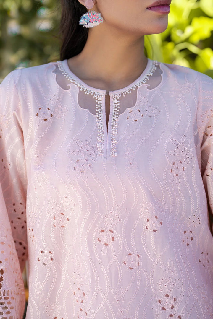 close up neck line Soft pink embroidered lawn suit with silk dupatta and cotton trouser