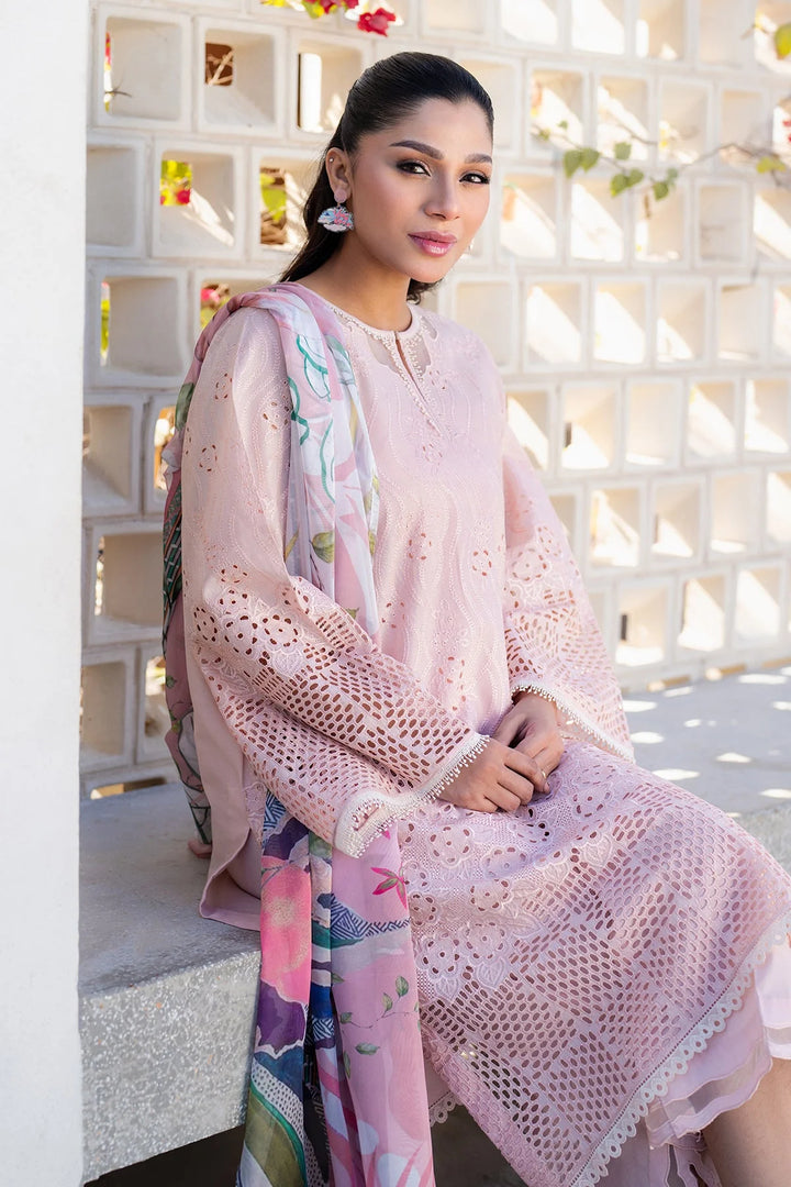 sitting pose side angle Soft pink embroidered lawn suit with silk dupatta and cotton trouser