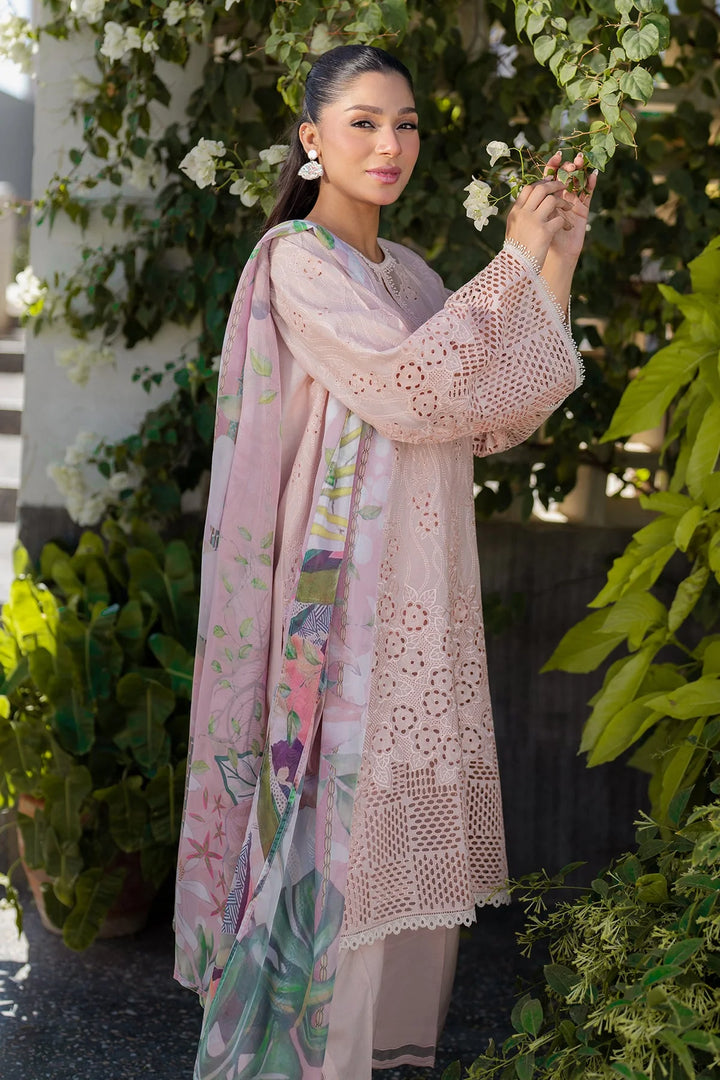 lawn tree pose Soft pink embroidered lawn suit with silk dupatta and cotton trouser