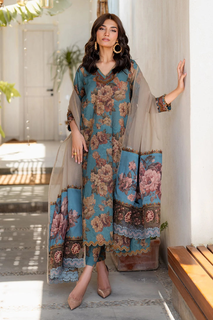 Stitched embroidered lawn suit with organza borders and silk dupatta