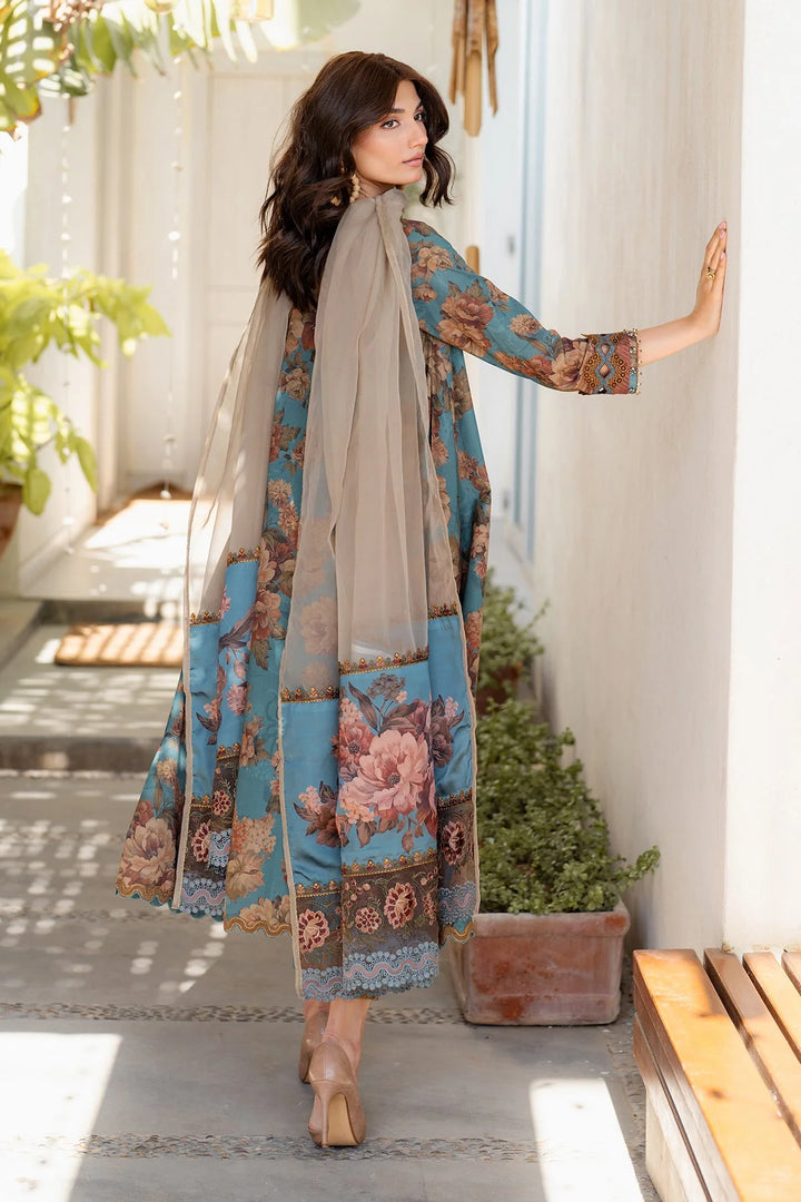 back view Stitched embroidered lawn suit with organza borders and silk dupatta