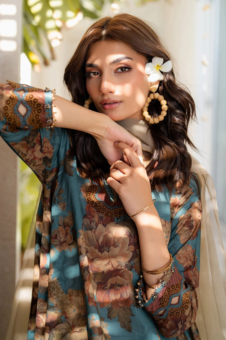 close up Stitched embroidered lawn suit with organza borders and silk dupatta