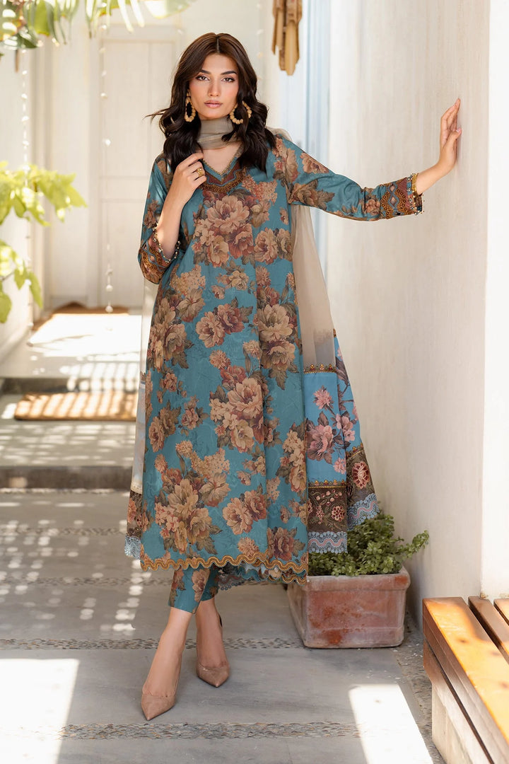 full angle of the Stitched embroidered lawn suit with organza borders and silk dupatta