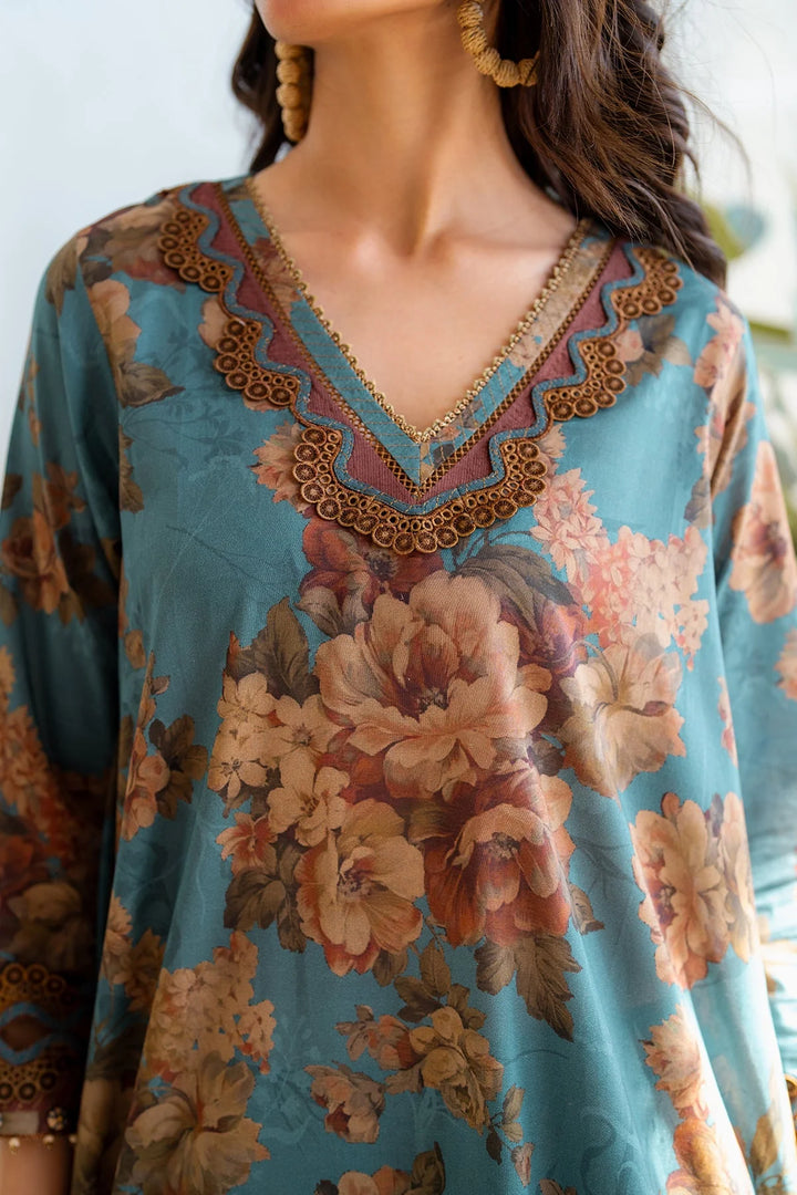 neckline close up view of Stitched embroidered lawn suit with organza borders and silk dupatta