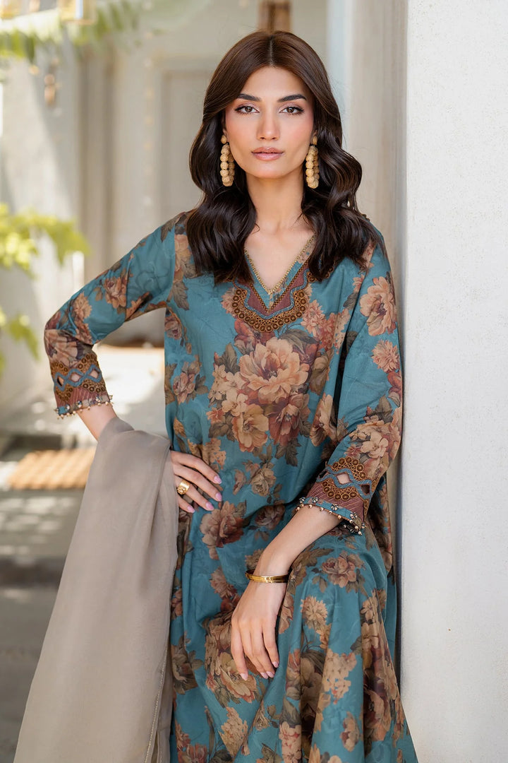 dupatta view of Stitched embroidered lawn suit with organza borders and silk dupatta