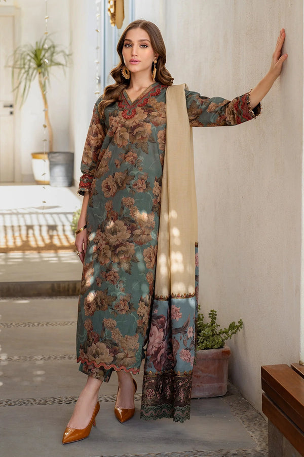 All-over printed Desi lawn suit in blue and brown with embroidered dupatta