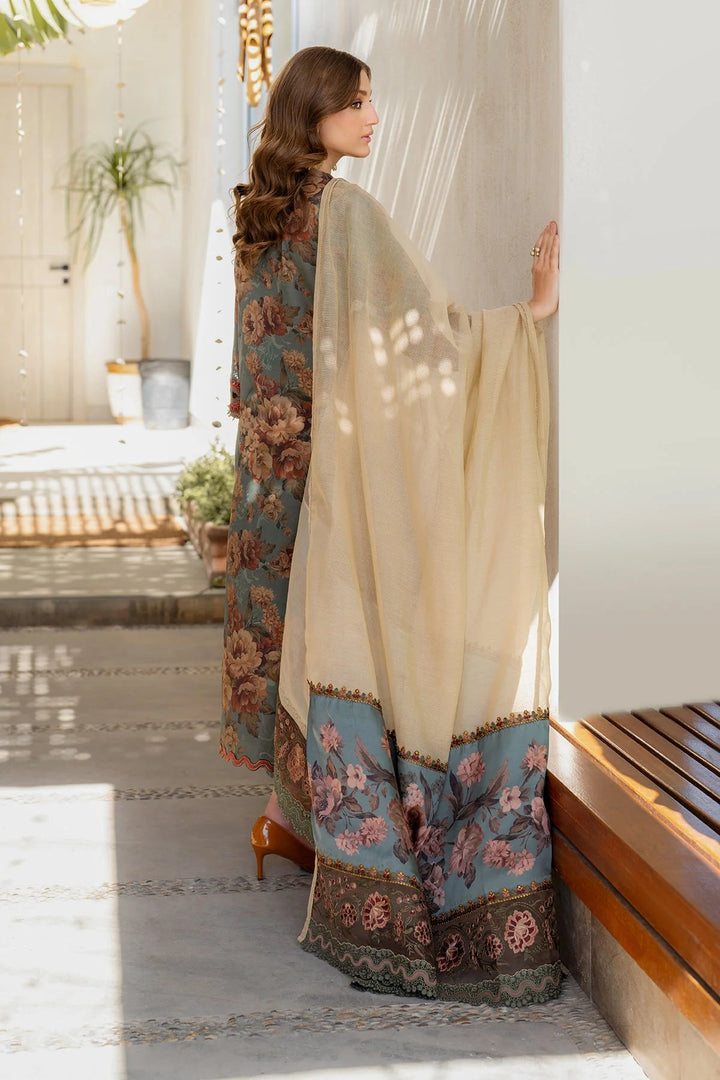 back view of All-over printed Desi lawn suit in blue and brown with embroidered dupatta