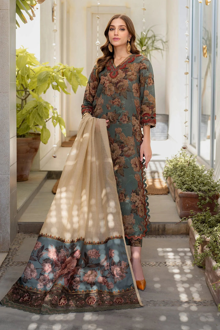dupatta view of All-over printed Desi lawn suit in blue and brown with embroidered dupatta