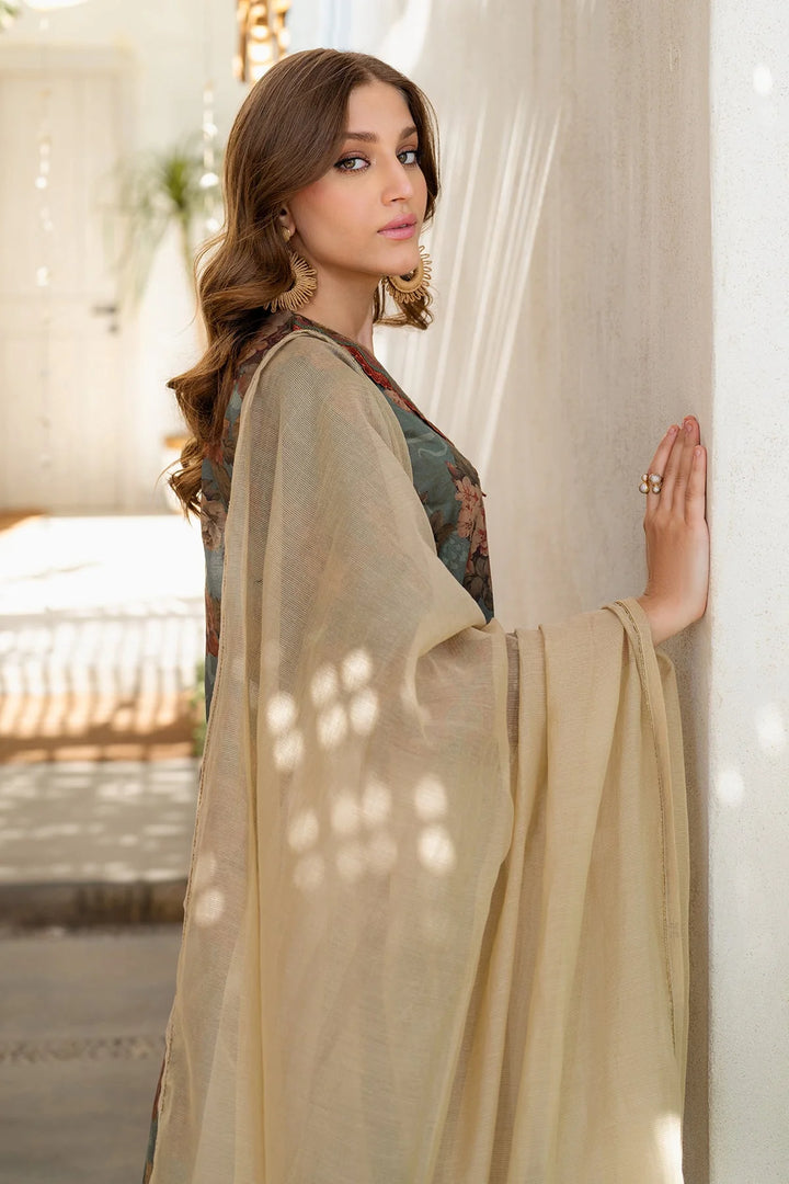 side view of All-over printed Desi lawn suit in blue and brown with embroidered dupatta