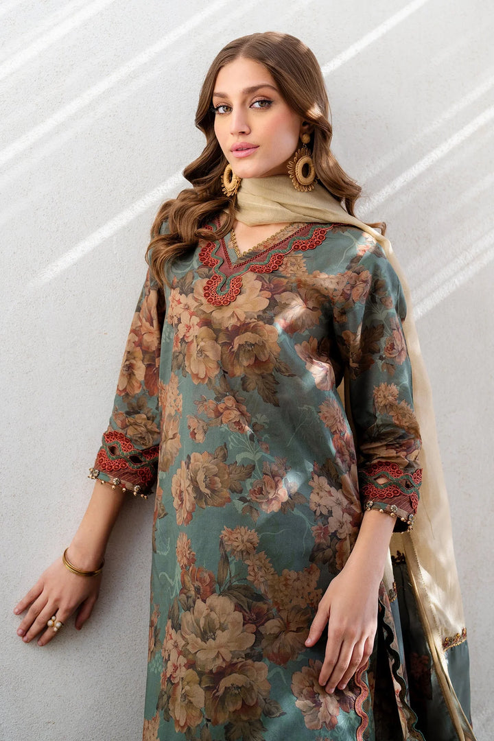 close up All-over printed Desi lawn suit in blue and brown with embroidered dupatta