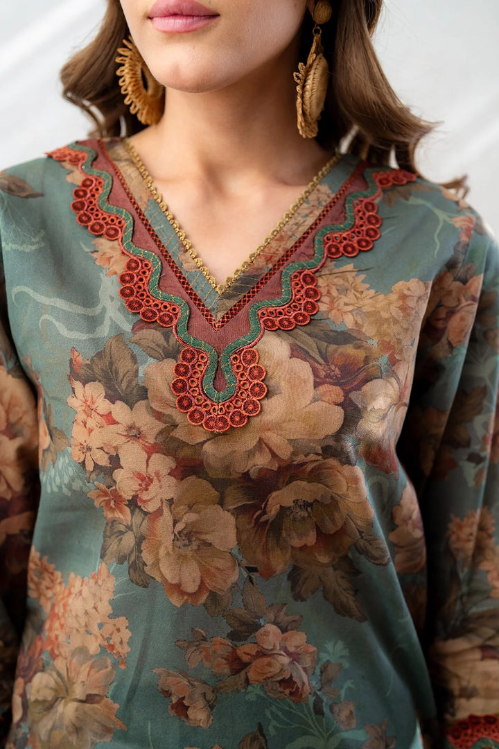 neckline All-over printed Desi lawn suit in blue and brown with embroidered dupatta