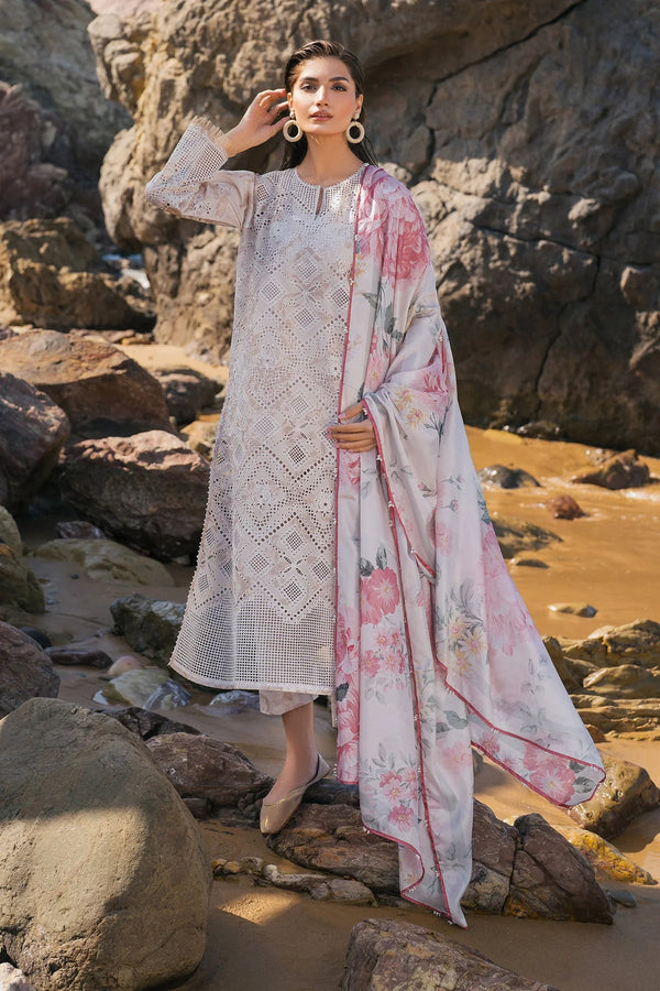 front view Schiffli embroidered lawn shirt with floral printed dupatta and trouser
