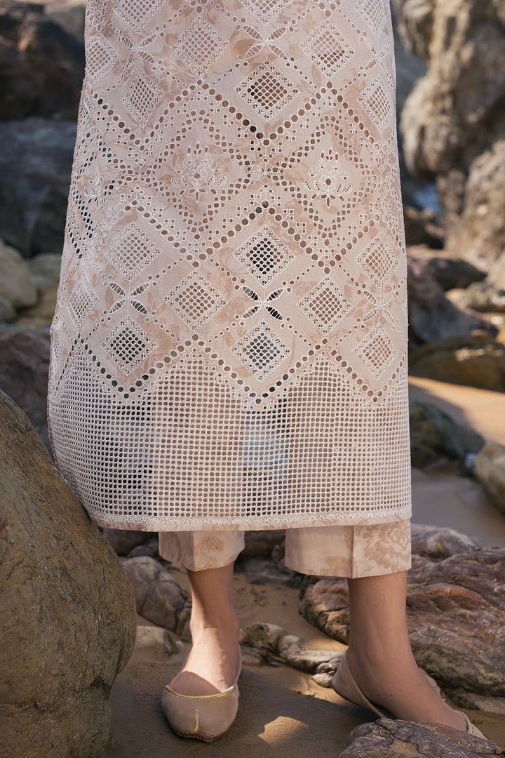 close up Schiffli embroidered lawn shirt with floral printed dupatta and trouser
