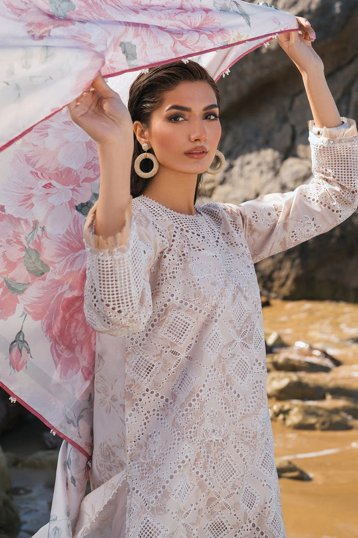 dupatta flare view Schiffli embroidered lawn shirt with floral printed dupatta and trouser
