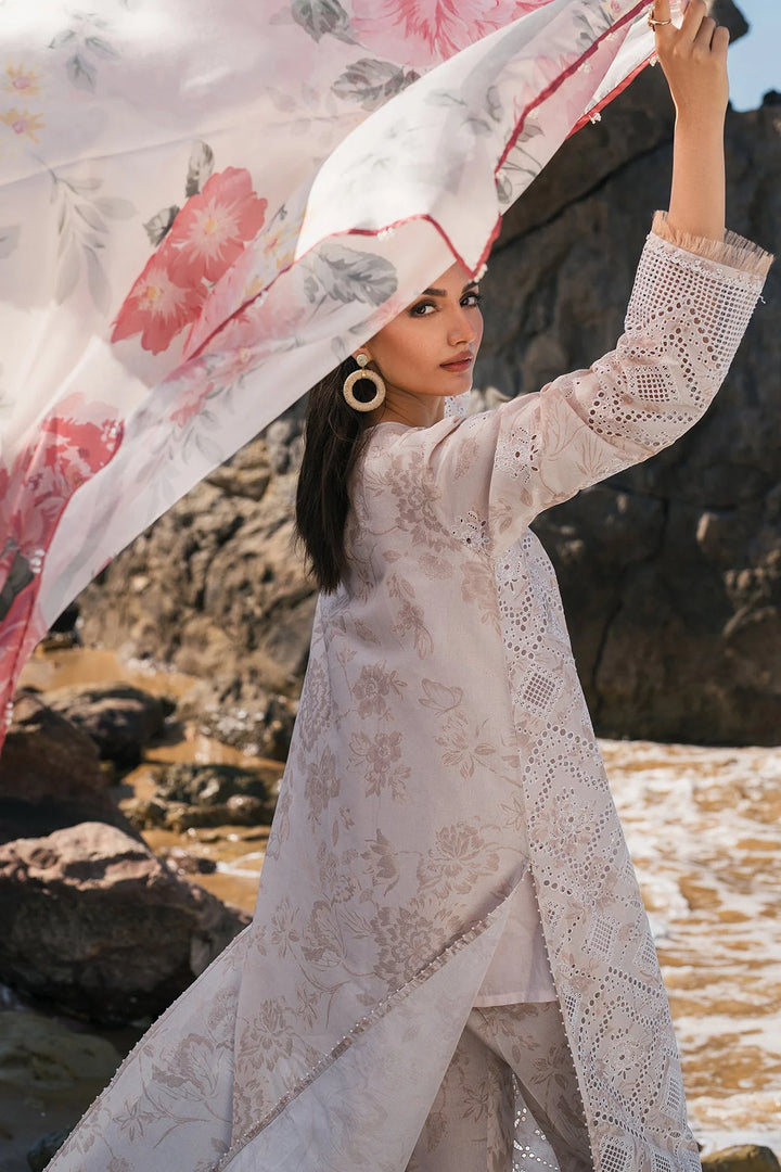 back and sleeves view of Schiffli embroidered lawn shirt with floral printed dupatta and trouser
