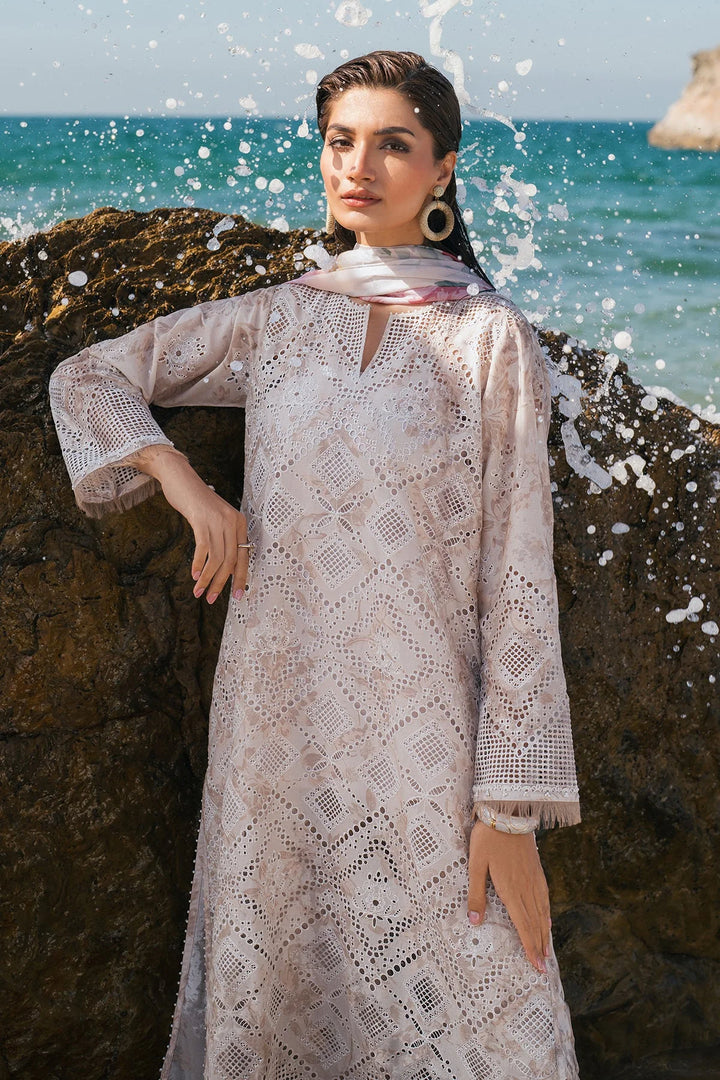ocean background of Schiffli embroidered lawn shirt with floral printed dupatta and trouser

