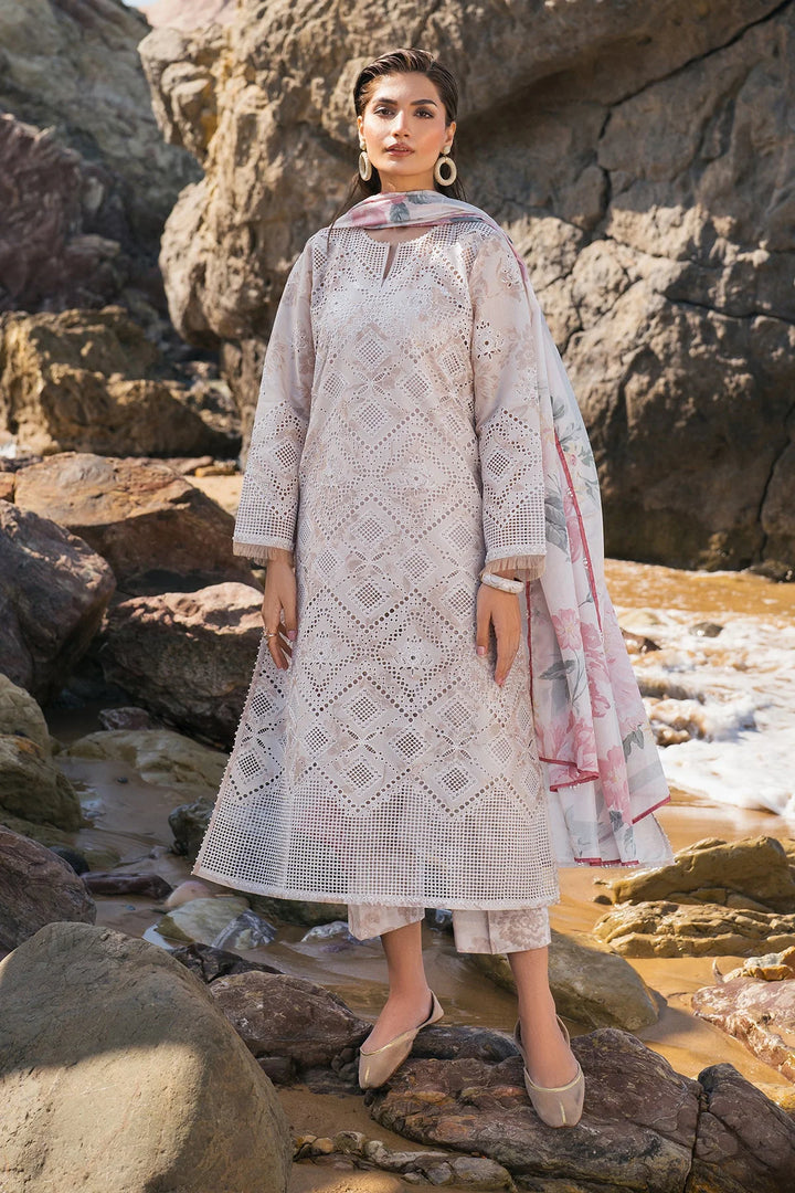 full length view of Schiffli embroidered lawn shirt with floral printed dupatta and trouser
