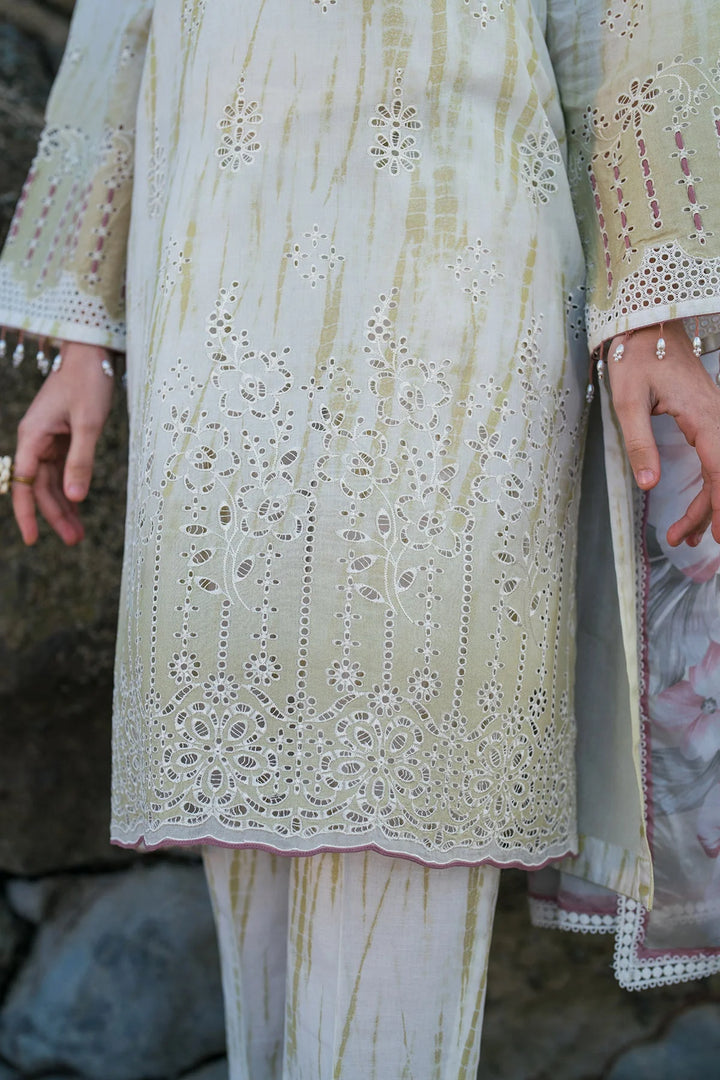 close up view of Desi lawn suit with embroidered neckline and silk dupatta – Pakistani style