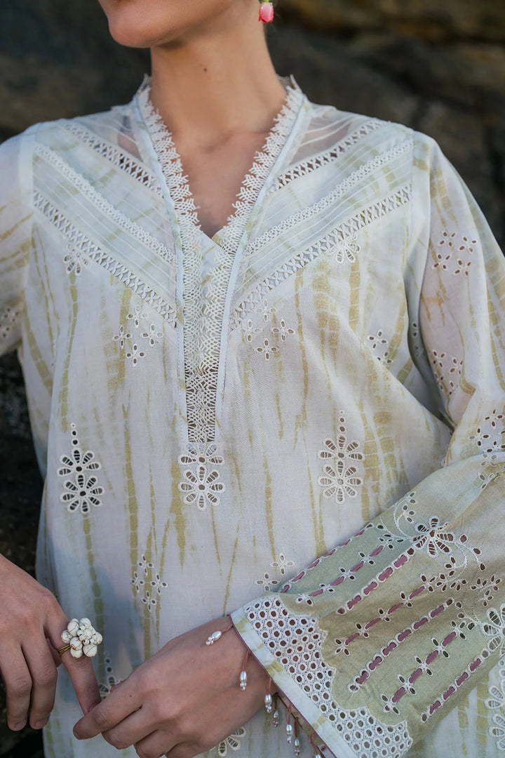 neckline view of Desi lawn suit with embroidered neckline and silk dupatta – Pakistani style