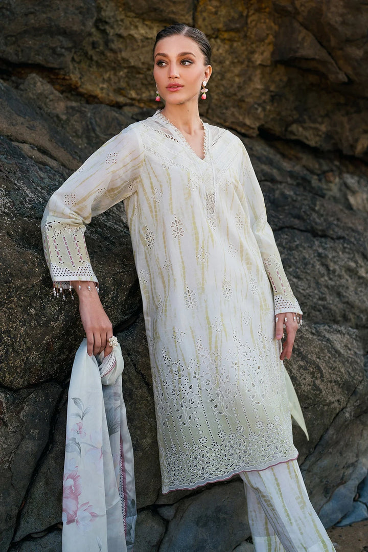 sleeve view of Desi lawn suit with embroidered neckline and silk dupatta – Pakistani style