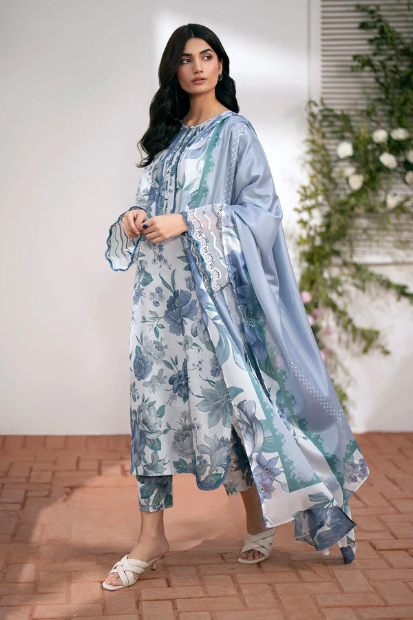Baroque UF-541 Digital Printed Lawn Suit with embroidered organza sleeves and silk dupatta – elegant festive outfit.