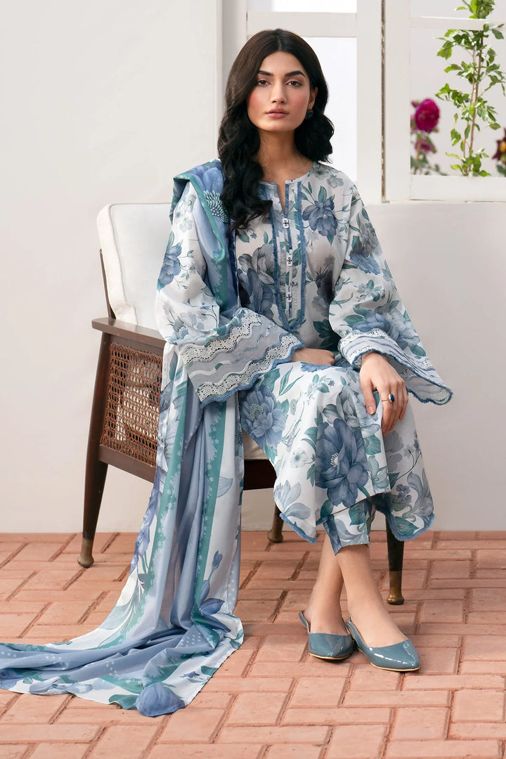 Front view of Baroque UF-541 embroidered digital printed lawn shirt paired with silk dupatta – premium summer wear.