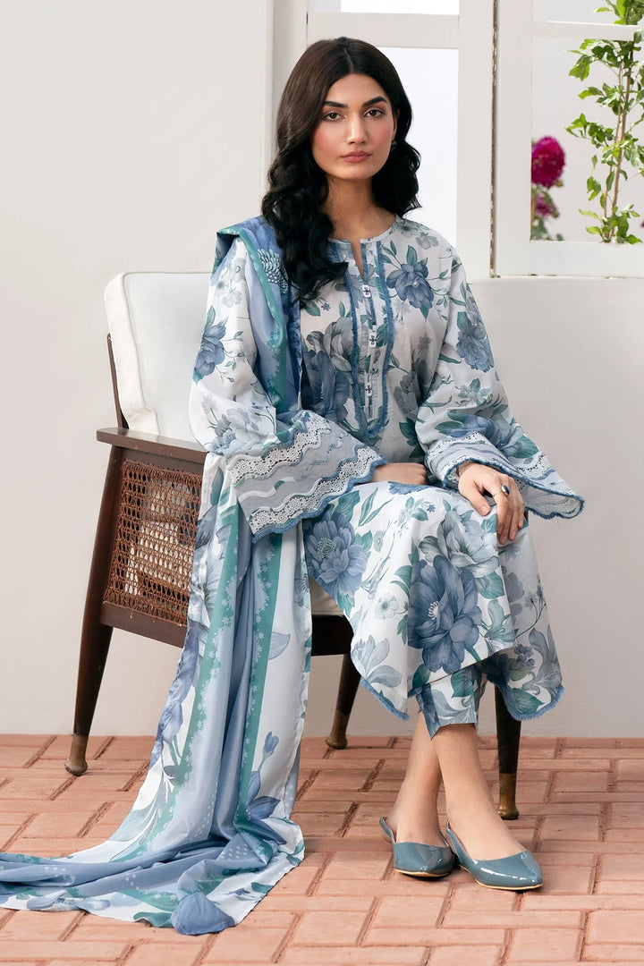 Complete 3-piece Baroque Digital Printed Lawn UF-541 set with embroidered shirt and printed silk dupatta – breathable festive wear.