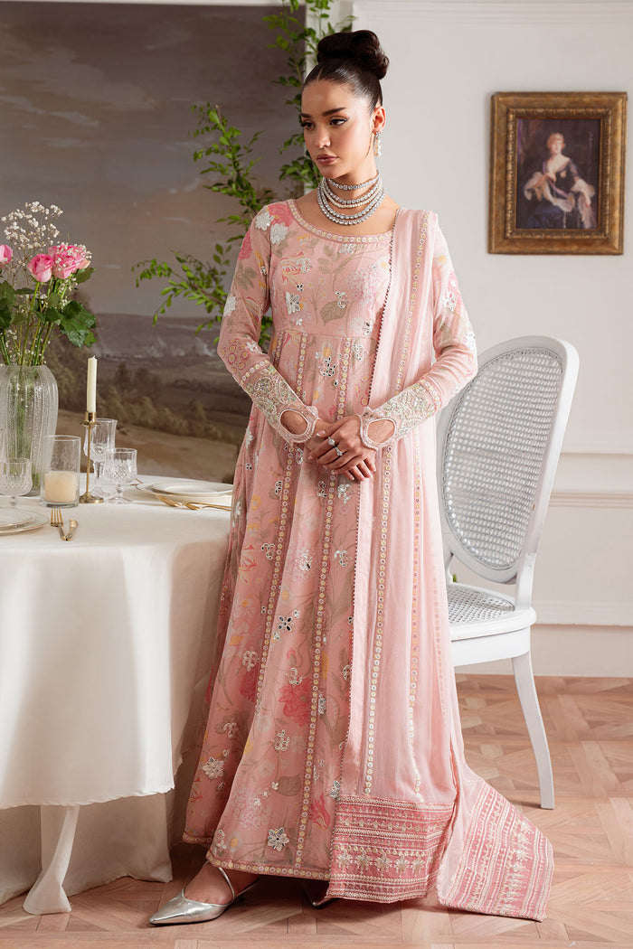 Luxury Pakistani formal wear by Nureh Vol 4 with embroidered chiffon sleeves and dyed trouser