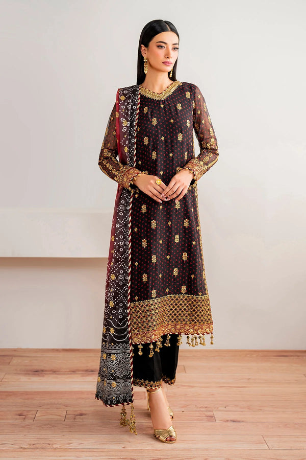 Baroque Embroidered Chiffon Set featuring chunari digital print, sequin embellished dupatta, and silk trouser – perfect for festive wear.