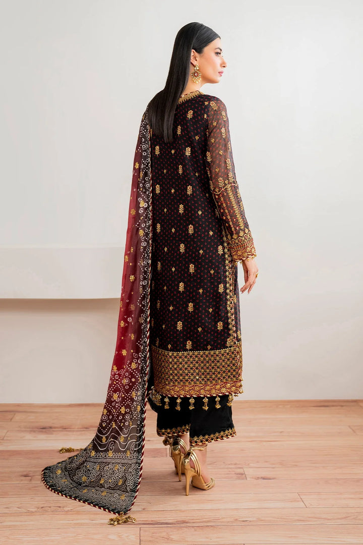 Baroque Embroidered Chiffon Set back view featuring chunari digital print, sequin embellished dupatta, and silk trouser. evening wear