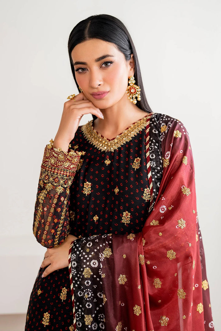 Close-up of Baroque embroidered chiffon sleeves and silk border accents with fancy tassels for stitched version.