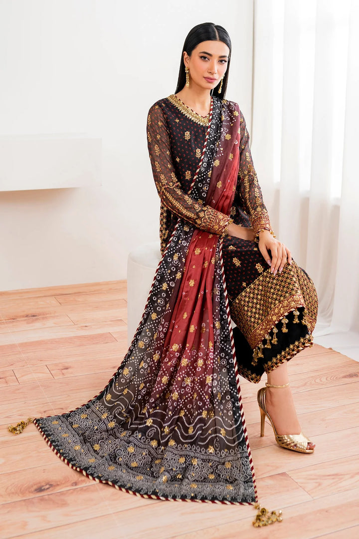 Full 3-piece Baroque Chunari Digital Print Outfit with embroidered chiffon shirt, silk dupatta, and dyed silk trouser.