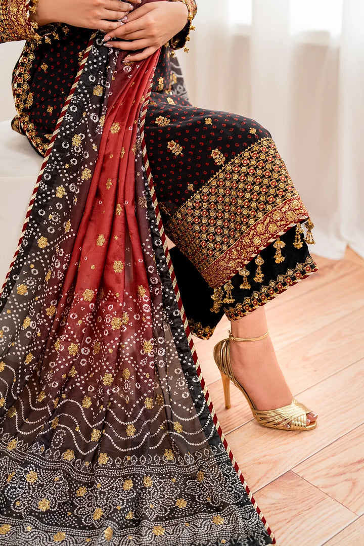 Baroque chiffon suit with chunari print, intricate embroidery, and sequin detailing – luxury designer festive wear for women.
