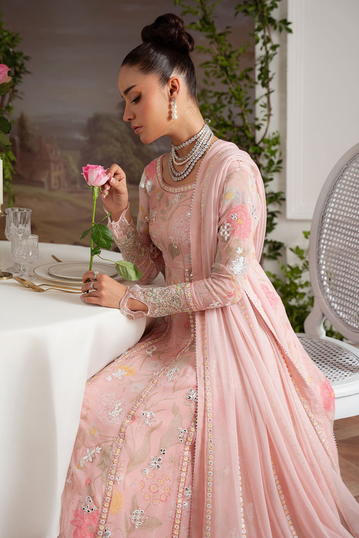 Stylish chiffon outfit from Nureh Vol 4 with organza sleeve patches and delicate embroidery accents