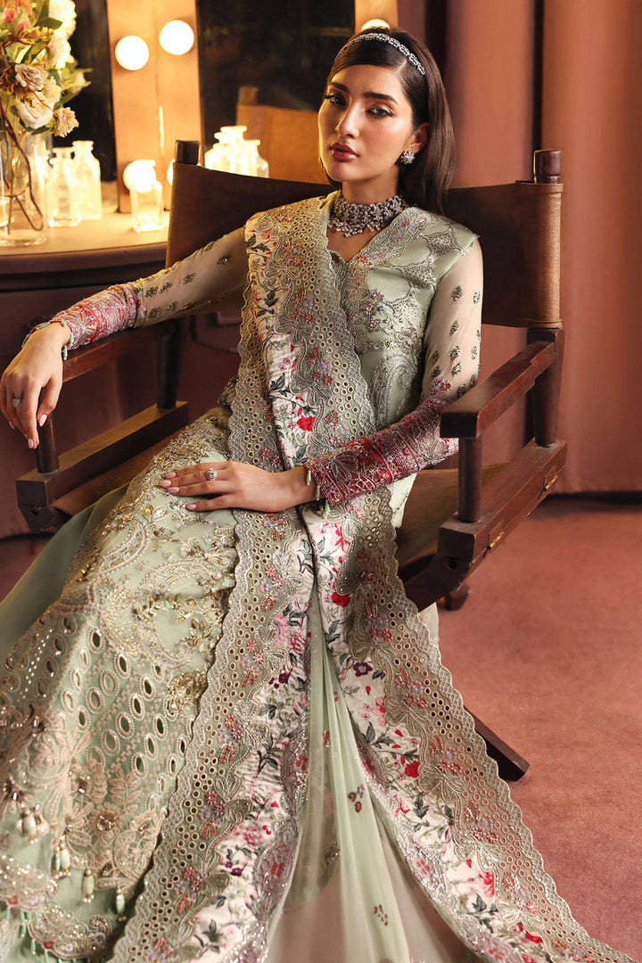 Close up of Nureh Jhoomro organza neck patch and embellished daman borders – Naaz by Nazia