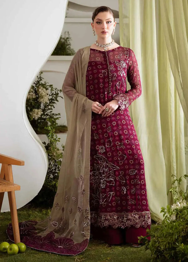 Nureh stitched 3-piece embroidered chiffon suit – front view with organza daman and neckline details
