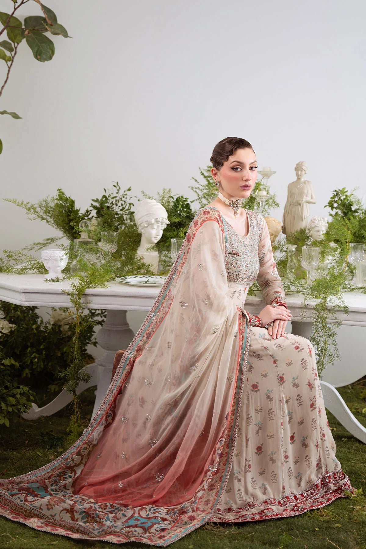 Embroidered chiffon front body with silk daman border – Nureh Amaya Collection stitched suit detail
