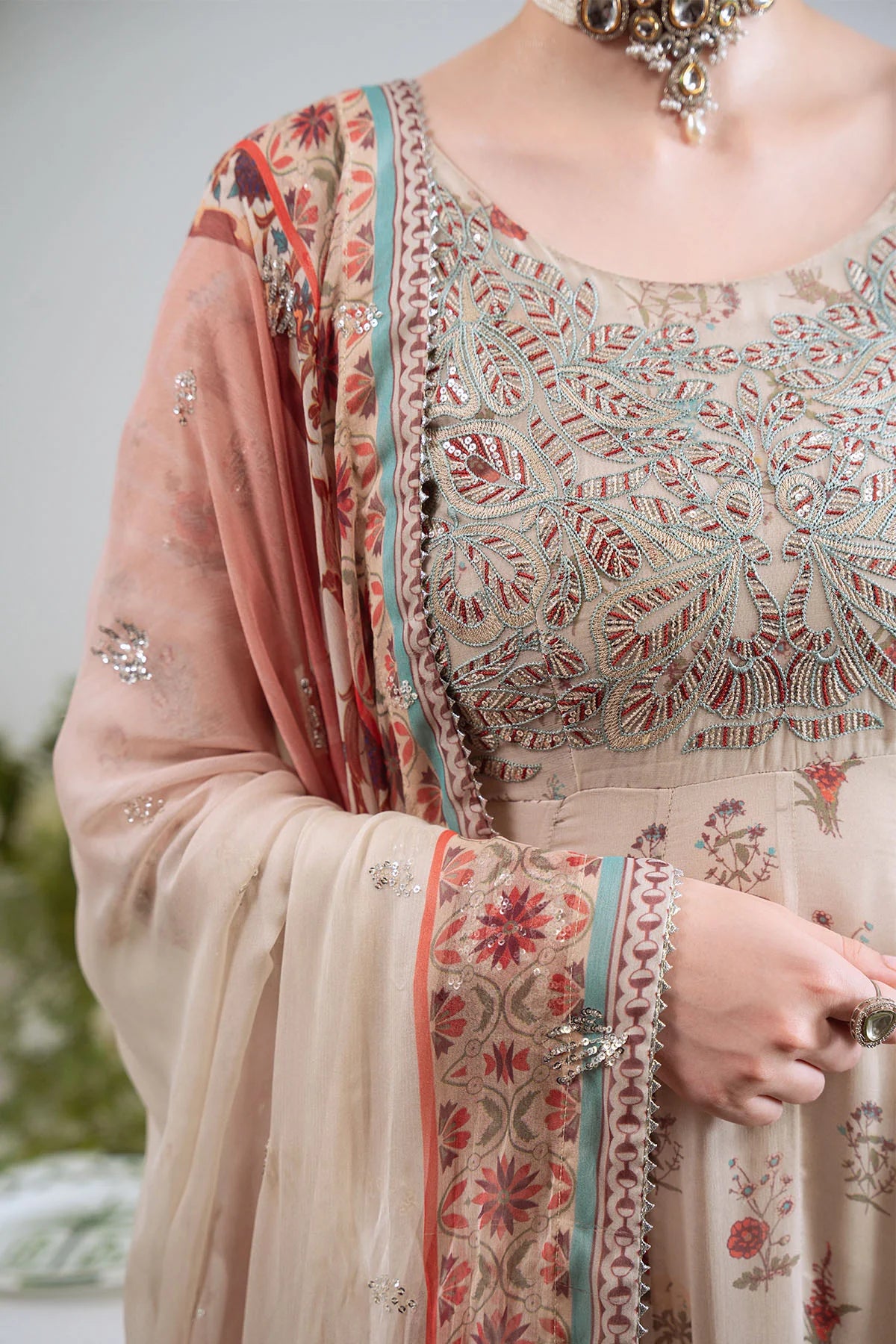 Embroidered and printed chiffon dupatta with pallu border – Nureh Amaya Style 21 formal outfit
